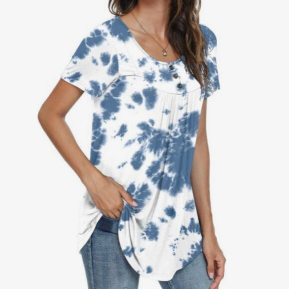 POPYOUNG Short Sleeve Henley V-Neck Loose Fit Pleated Tunic Size M NWT - Picture 1 of 2